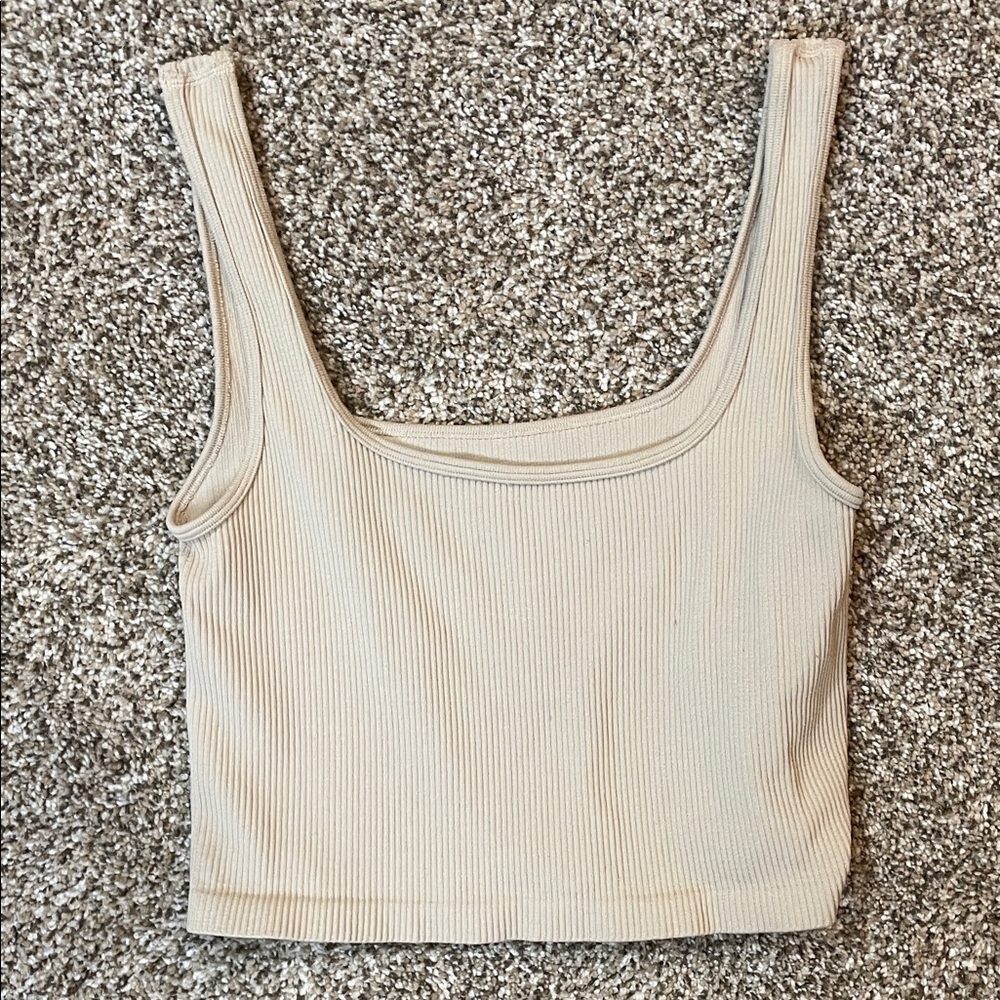Beige Ribbed Square Neck Tank Top